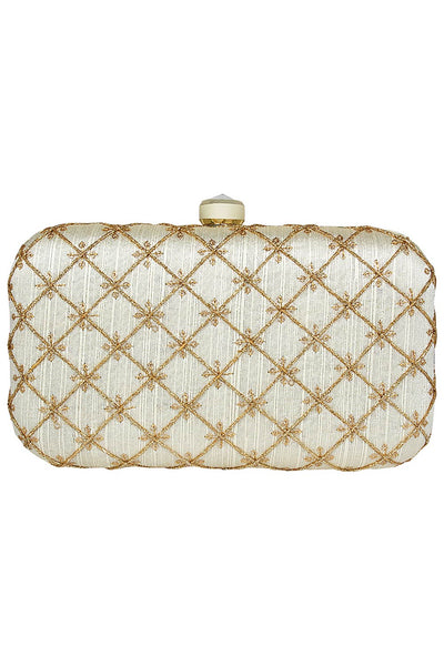 Designer Tulle Embroidered & Embellished  Silk Clutch Off-White & Gold