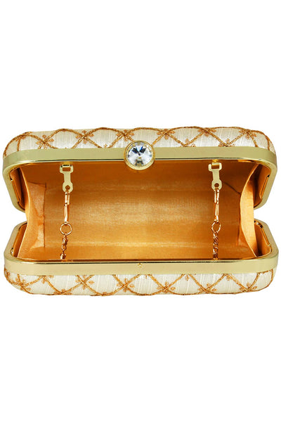 Designer Tulle Embroidered & Embellished  Silk Clutch Off-White & Gold