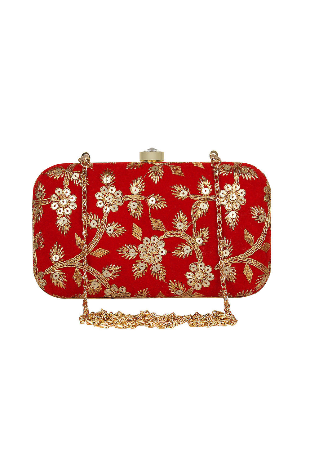 Designer Velvet Clutch in Red with Gold Sequins Embroidery