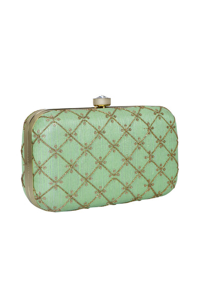 Designer Pistachio Green and Gold Criss-Cross Embroidered Clutch