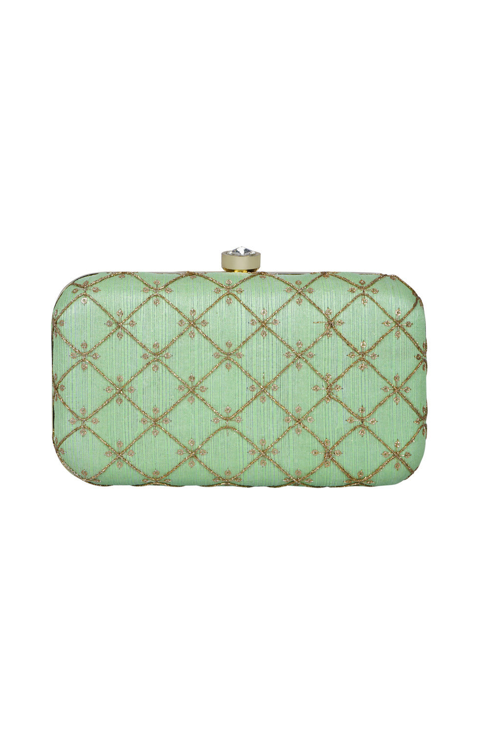 Designer Pistachio Green and Gold Criss-Cross Embroidered Clutch