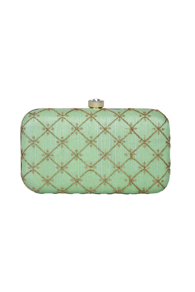 Designer Pistachio Green and Gold Criss-Cross Embroidered Clutch
