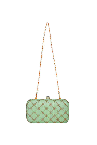Designer Pistachio Green and Gold Criss-Cross Embroidered Clutch