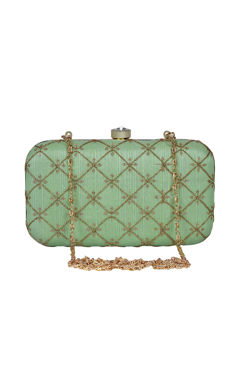 Designer Pistachio Green and Gold Criss-Cross Embroidered Clutch