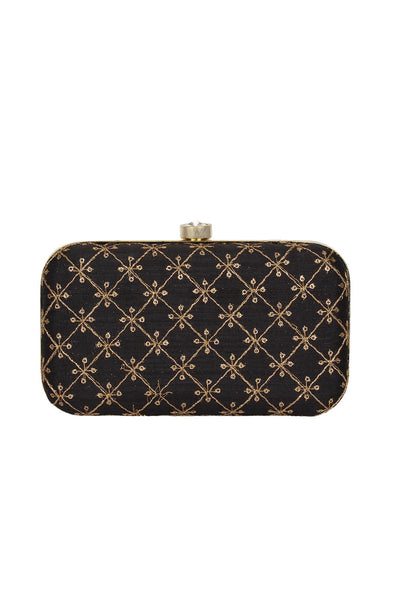 Designer Black with Gold Embroidered Criss-Cross Clutch