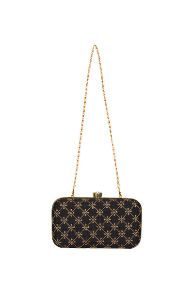 Designer Black with Gold Embroidered Criss-Cross Clutch