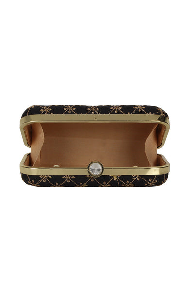 Designer Black with Gold Embroidered Criss-Cross Clutch