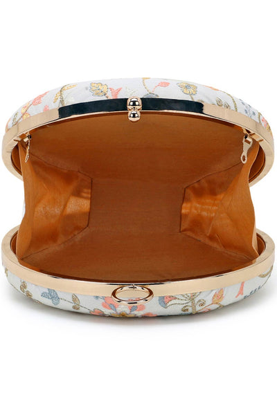 Designer White & Peach Floral Embroidered Round Clutch