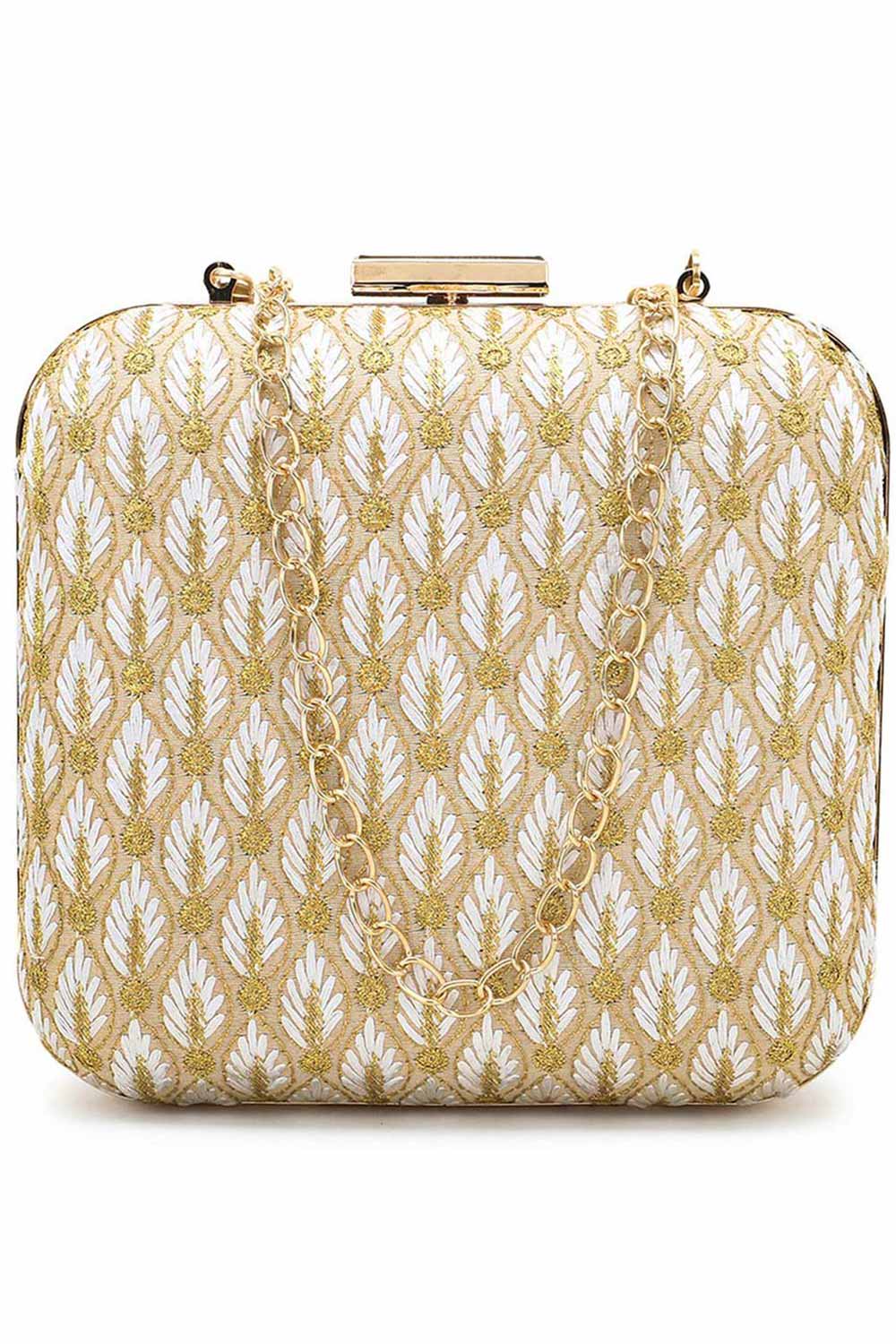 Designer White & Gold Silk Zari Embroidered Square Clutch