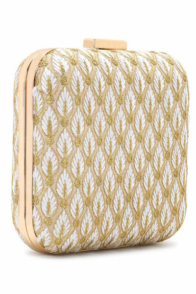 Designer White & Gold Silk Zari Embroidered Square Clutch