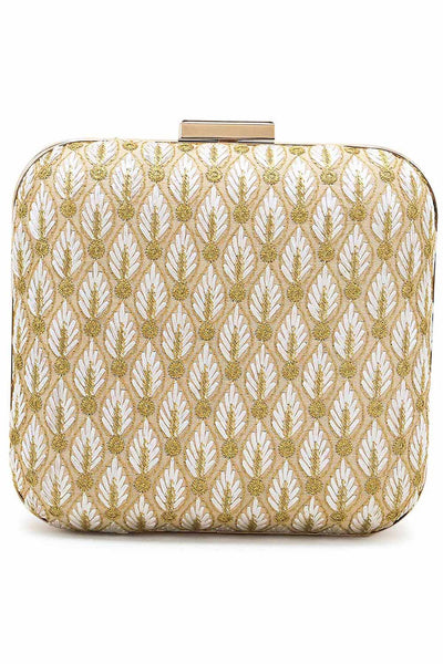 Designer White & Gold Silk Zari Embroidered Square Clutch