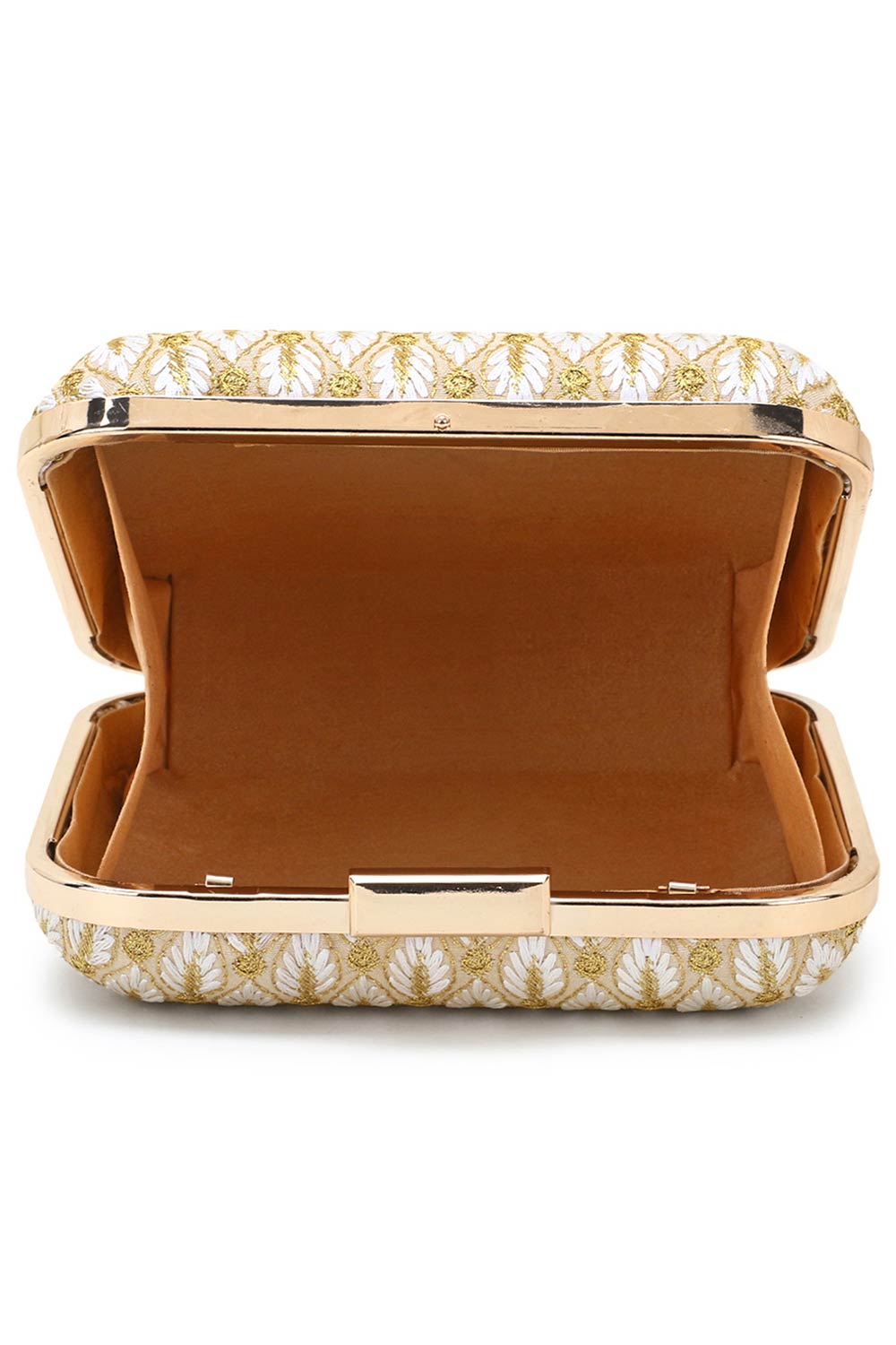 Designer White & Gold Silk Zari Embroidered Square Clutch