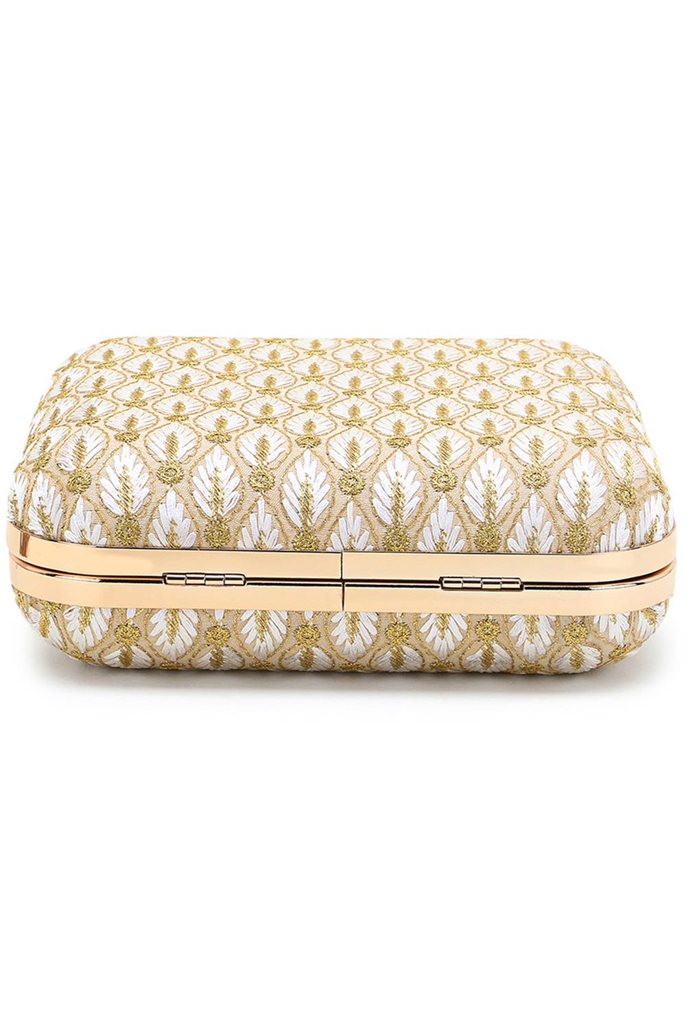 Designer White & Gold Silk Zari Embroidered Square Clutch