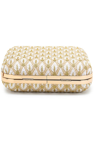 Designer White & Gold Silk Zari Embroidered Square Clutch