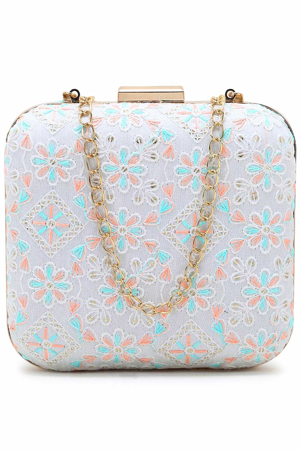 Designer White & Multi-colored Silk Floral Embroidered Square Clutch