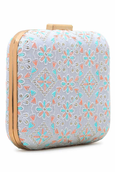 Designer White & Multi-colored Silk Floral Embroidered Square Clutch