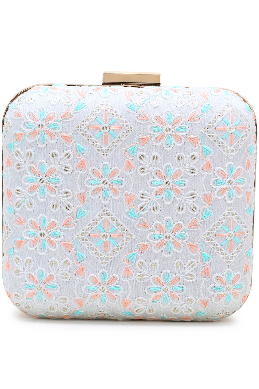 Designer White & Multi-colored Silk Floral Embroidered Square Clutch