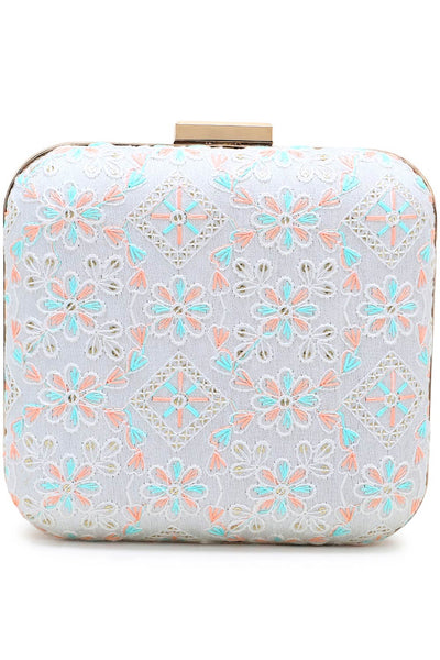 Designer White & Multi-colored Silk Floral Embroidered Square Clutch