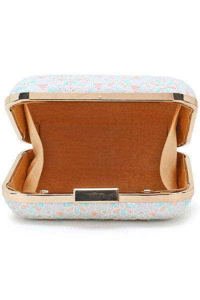 Designer White & Multi-colored Silk Floral Embroidered Square Clutch