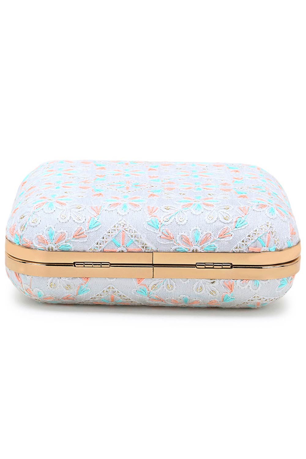 Designer White & Multi-colored Silk Floral Embroidered Square Clutch