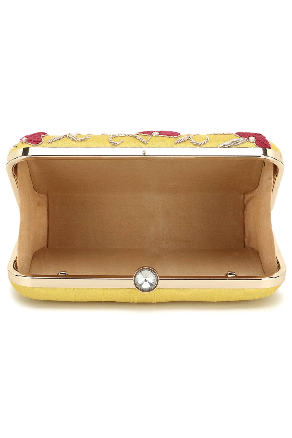 Designer Yellow Silk Clutch With Orange & Red Embroidery and Tassels