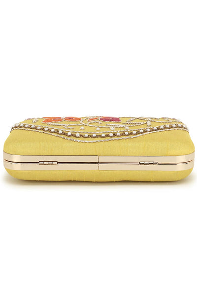 Designer Yellow Silk Clutch With Orange & Red Embroidery and Tassels