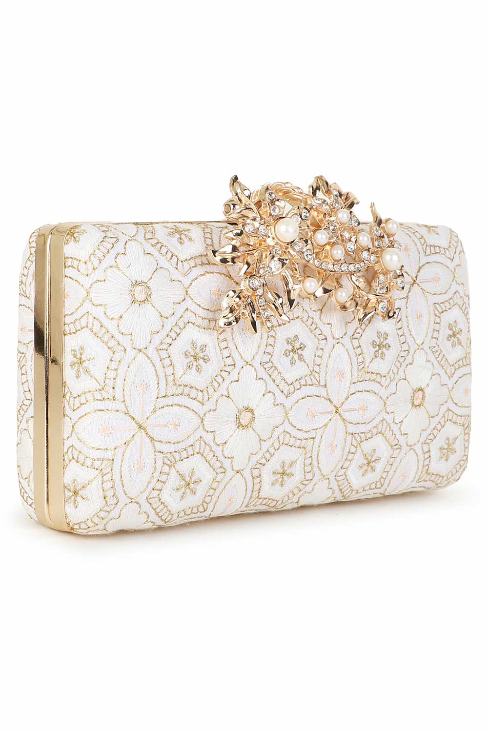 Designer Off-White with Intricate Gold Clasp Clutch