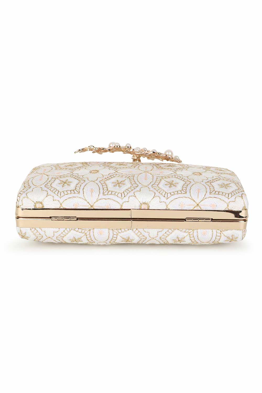 Designer Off-White with Intricate Gold Clasp Clutch