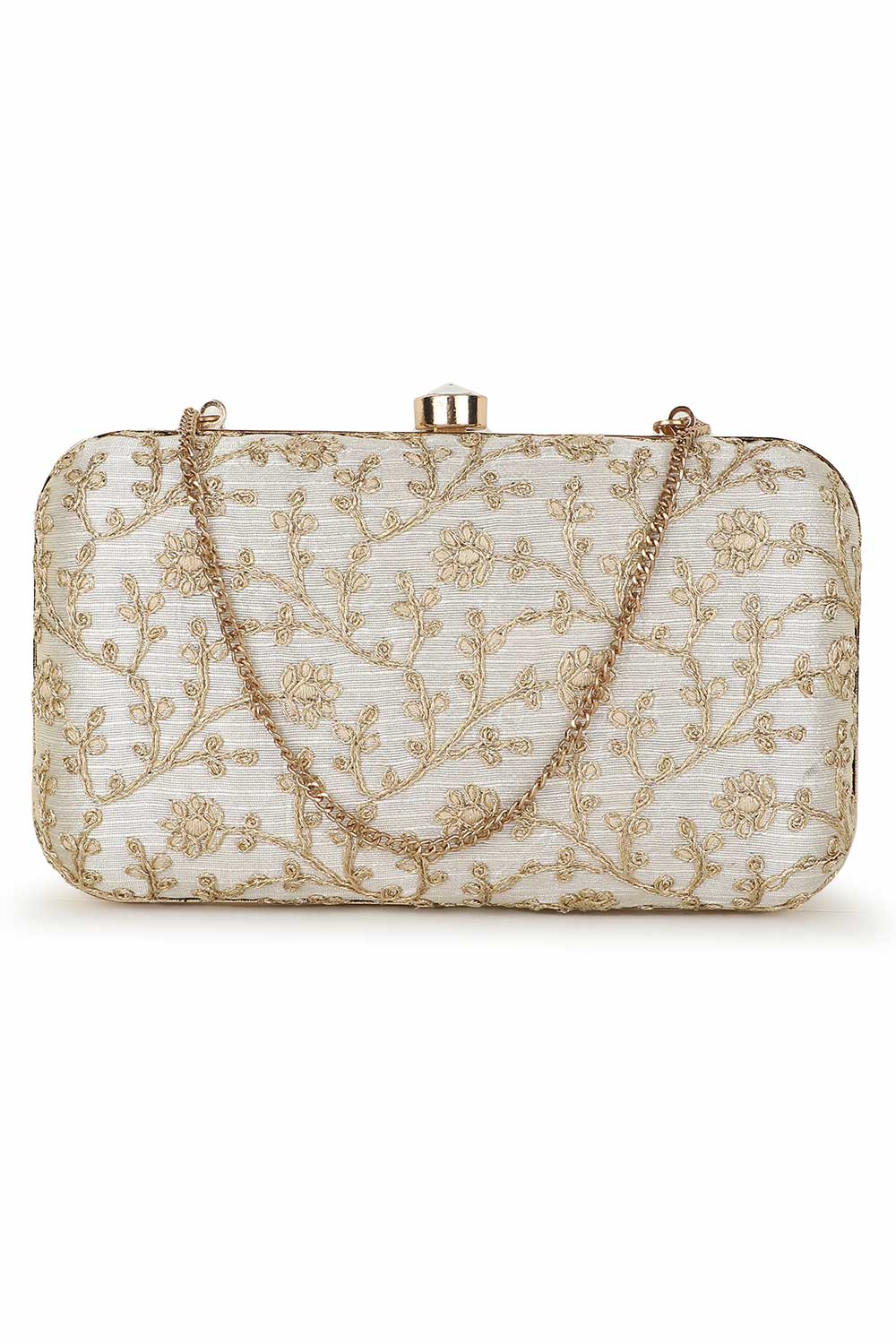 Designer Cream & Gold Silk Floral Embroidered Clutch
