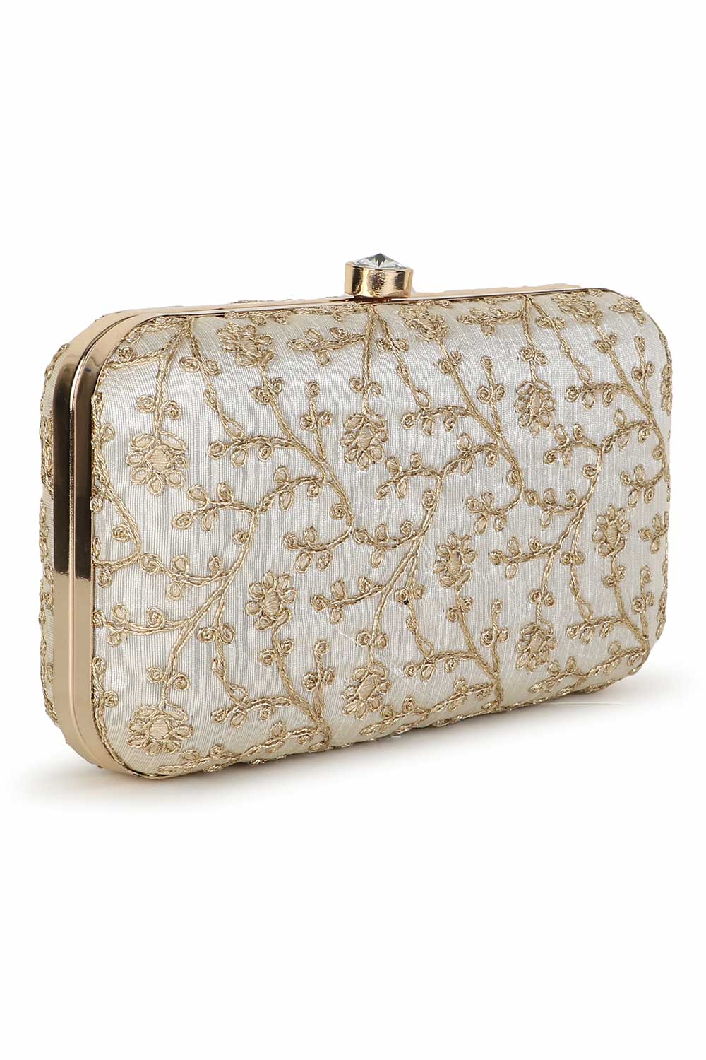 Designer Cream & Gold Silk Floral Embroidered Clutch