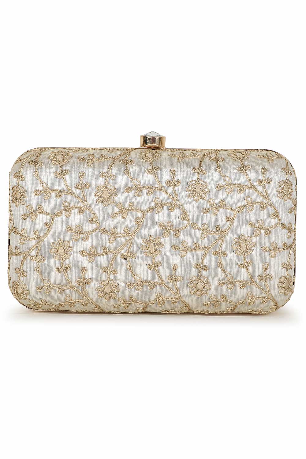 Designer Cream & Gold Silk Floral Embroidered Clutch