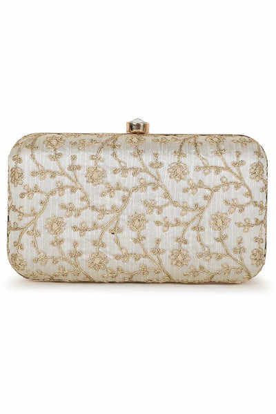Designer Cream & Gold Silk Floral Embroidered Clutch