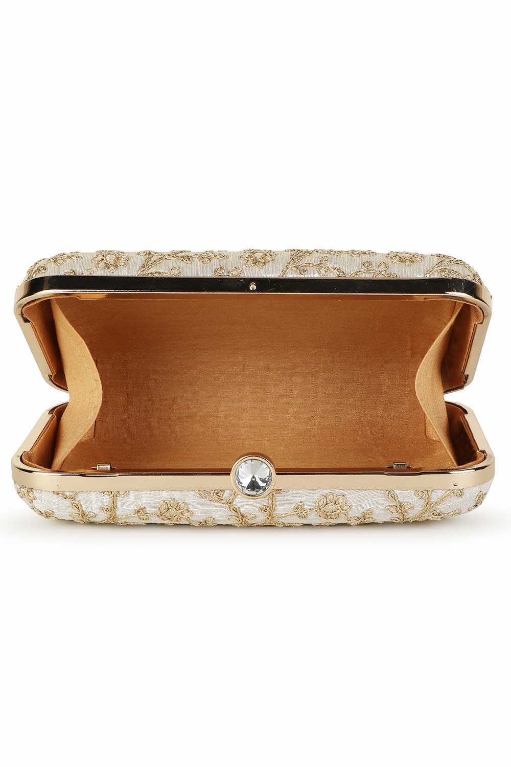 Designer Cream & Gold Silk Floral Embroidered Clutch