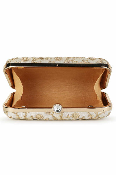 Designer Cream & Gold Silk Floral Embroidered Clutch