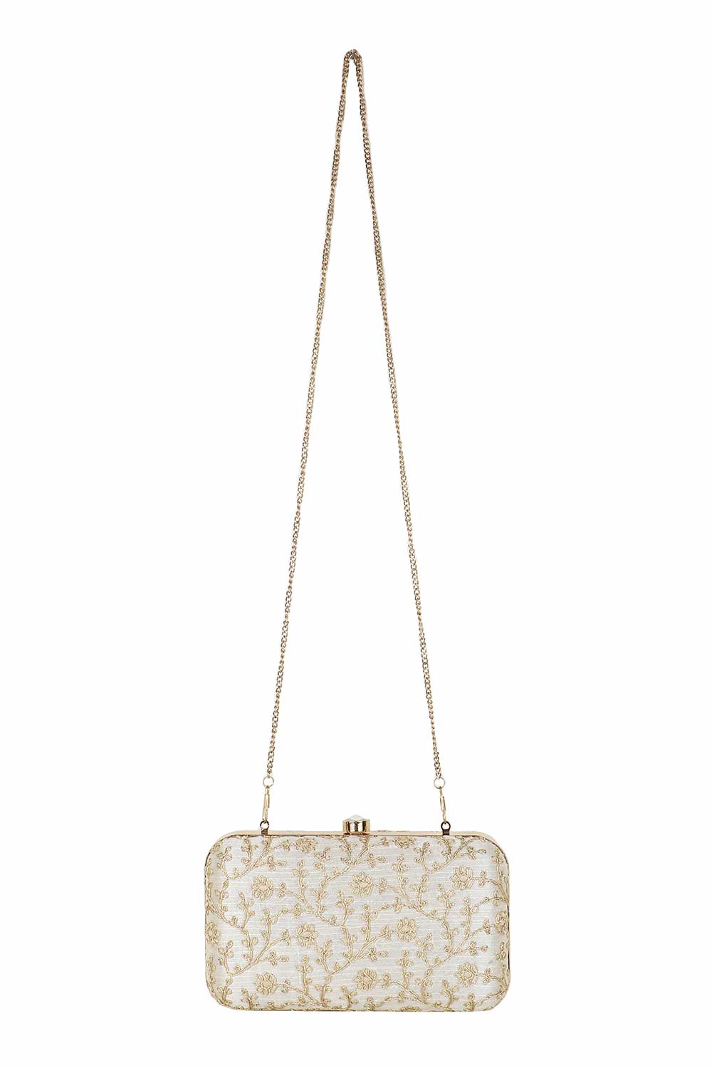 Designer Cream & Gold Silk Floral Embroidered Clutch