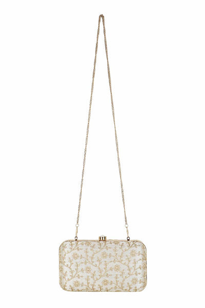 Designer Cream & Gold Silk Floral Embroidered Clutch