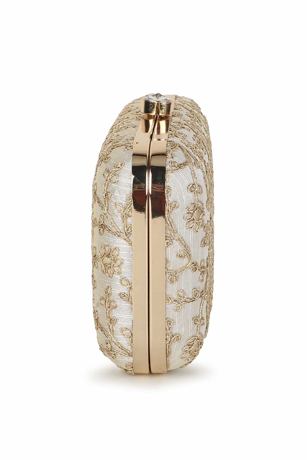 Designer Cream & Gold Silk Floral Embroidered Clutch