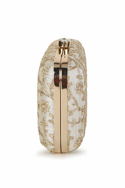 Designer Cream & Gold Silk Floral Embroidered Clutch