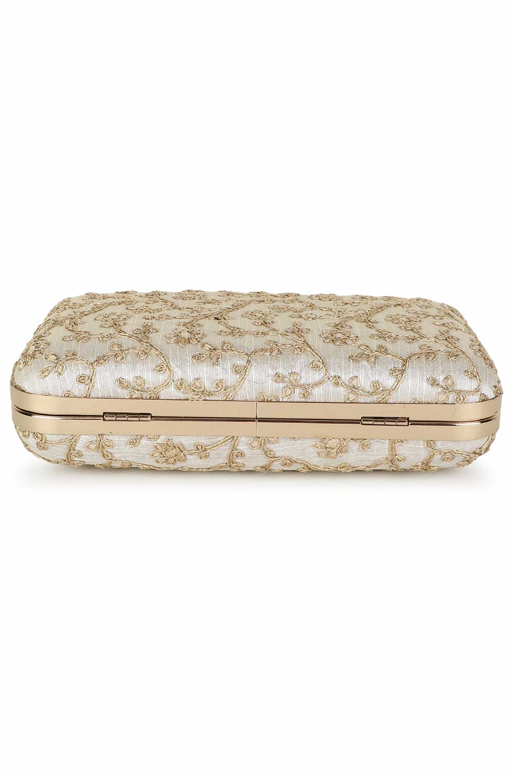 Designer Cream & Gold Silk Floral Embroidered Clutch