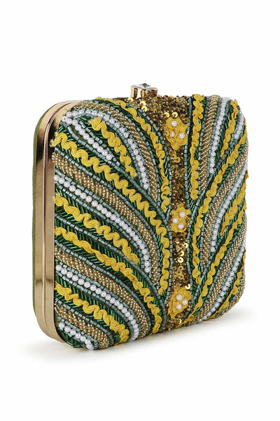 Designer Mehendi Green & Yellow Beadwork Square Clutch