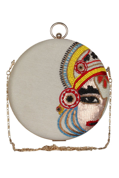 Designer White Round Clutch With Maharaja Beadwork Evening Purse