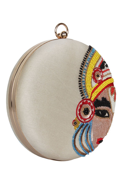 Designer White Round Clutch With Maharaja Beadwork Evening Purse