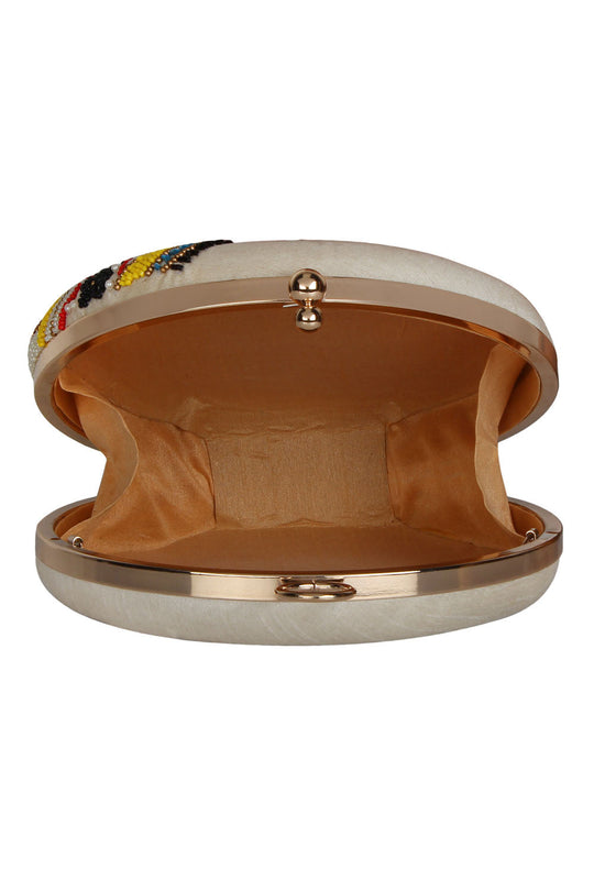 Designer White Round Clutch With Maharaja Beadwork Evening Purse