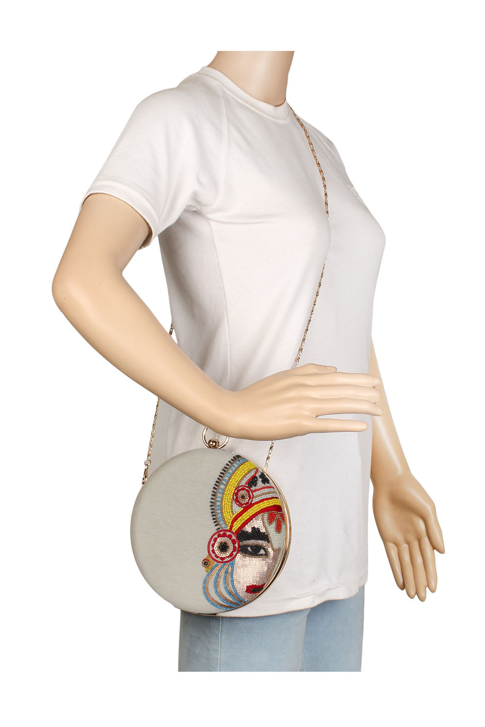 Designer White Round Clutch With Maharaja Beadwork Evening Purse