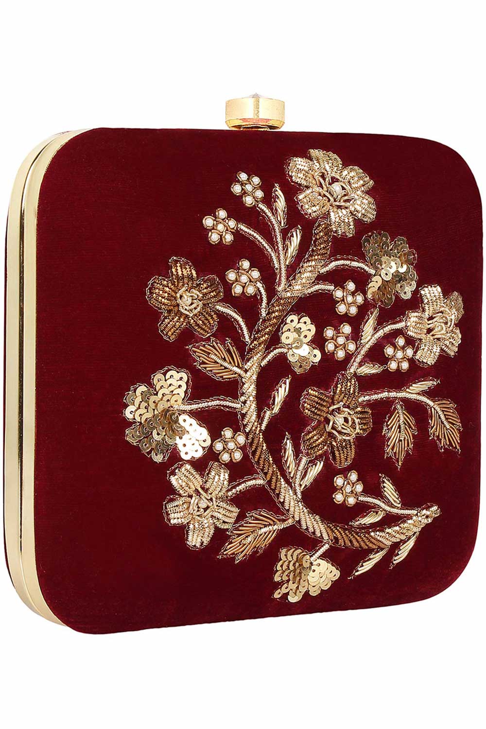 Designer  Wine Velvet & Gold Sequins Embellished Square Clutch