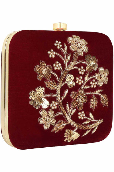 Designer  Wine Velvet & Gold Sequins Embellished Square Clutch
