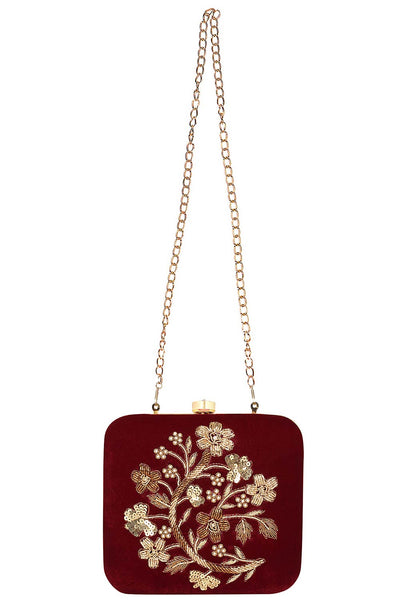 Designer  Wine Velvet & Gold Sequins Embellished Square Clutch