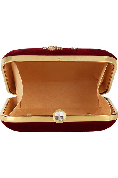 Designer  Wine Velvet & Gold Sequins Embellished Square Clutch