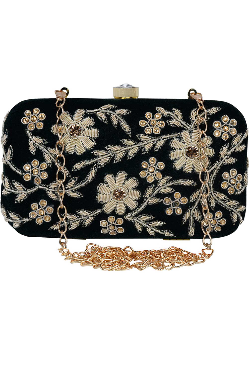 Designer Embroidered & Beads Velvet Clutch in Bottle Green & Gold
