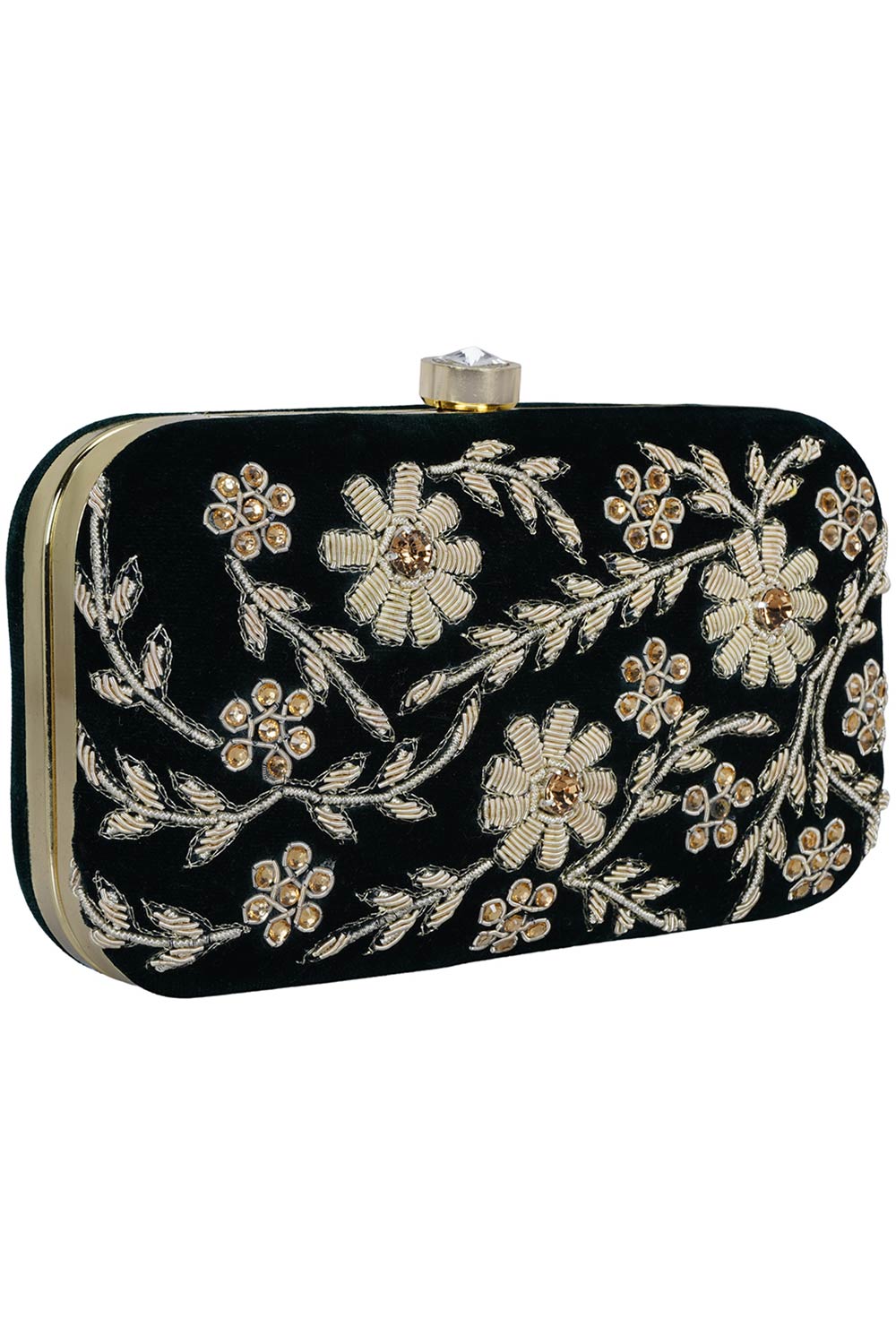 Designer Embroidered & Beads Velvet Clutch in Bottle Green & Gold